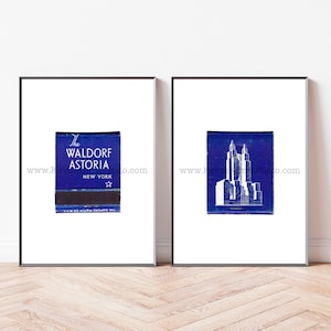Vintage NYC Art, Set of 2 Vintage Matchbook Prints, Waldorf Astoria New York - Modern Minimalist Wall Art Print - Vintage but Modern Art