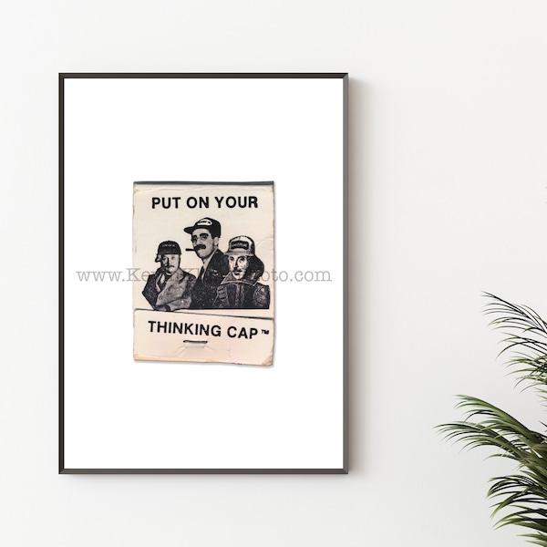 PUT On Your THINKING CAP Matchbook Art - Vintage Matchbook Print - Unframed Wall Art Print - Einstein, Marx, Shakespeare, Smart Genius