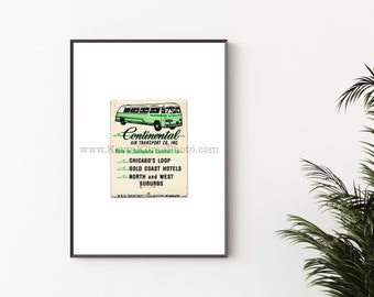 TRANSPORTE AÉREO CONTINENTAL, Chicago Wall Art - Vintage Matchbook Art Print - Impresión de arte de pared sin marco - Vintage Bus Airport Transportation