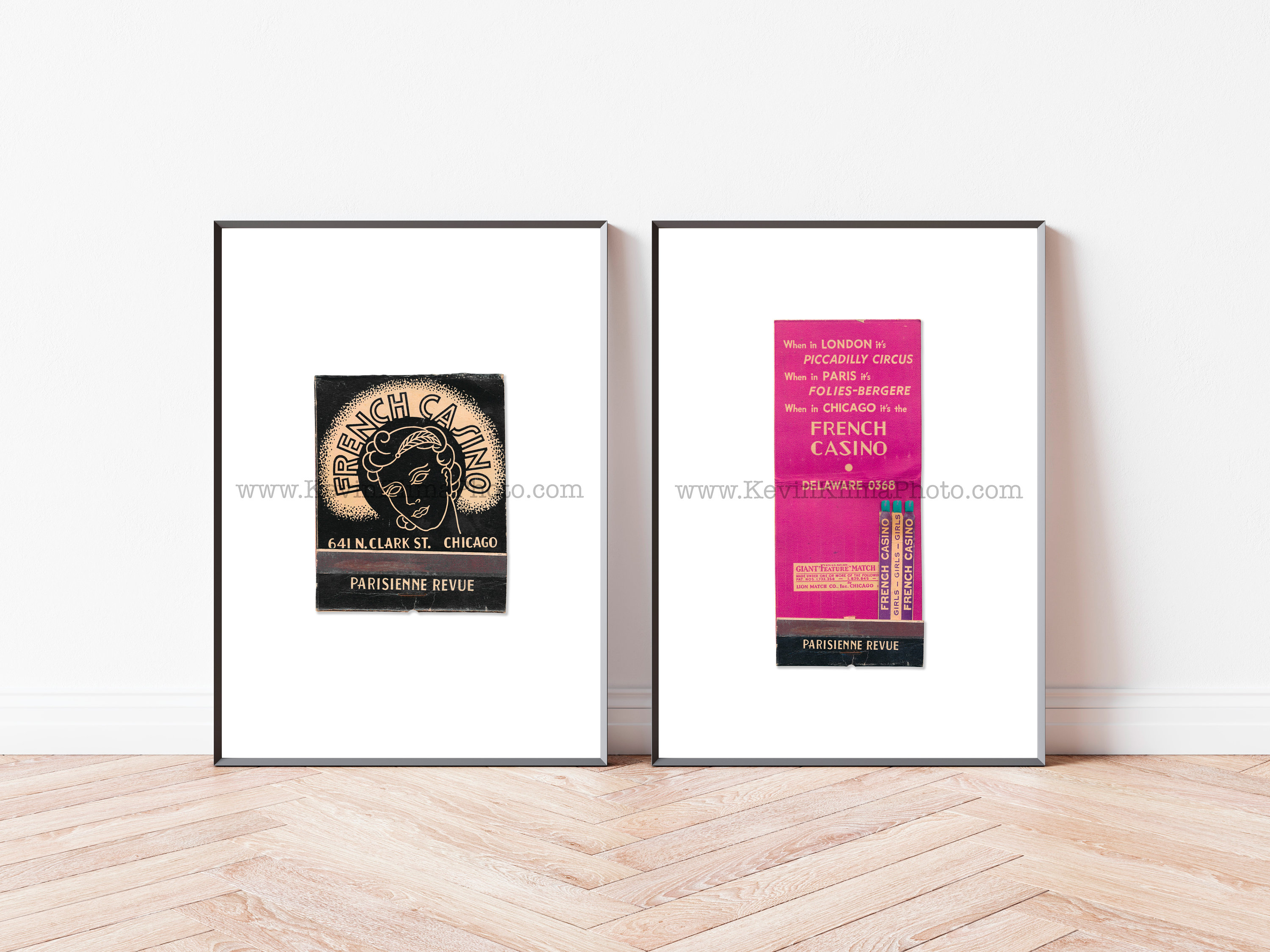 FRENCH CASINO, All Girl Revue, Chicago - Set of 2 Unframed Matchbook Prints - Modern Minimalist Print
