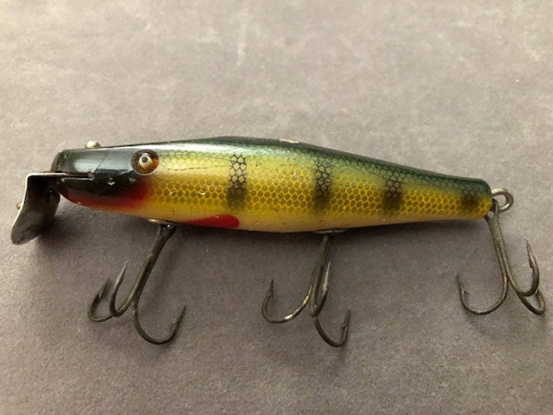 Vintage Creek Chub Perch Surfster, Wood Lure, Glass Eyes 