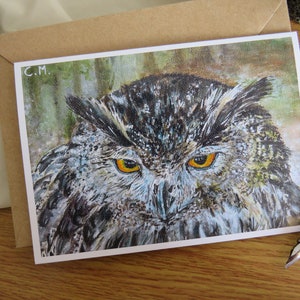 May include: A greeting card with a painting of an owl's face. The owl has bright yellow eyes and a mix of white, grey, and brown feathers. The artist's initials, "C.M.", are visible. The card is inside a brown envelope. A pen is visible in the background.