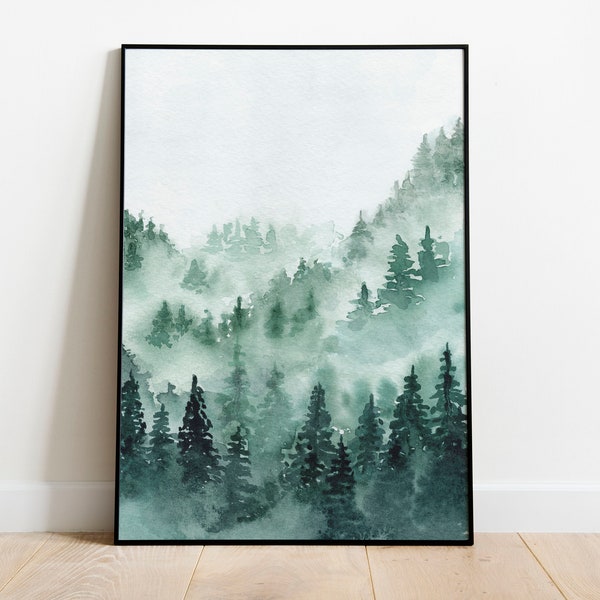 misty forest, digital download, forest printable wall art, living room decor, forest print, minimalistic painting, watercolor art, evergreen