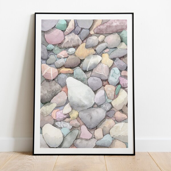 Watercolor Beach Pebbles Printable Painting - Coastal Zen Wall Art Print in Pastel colors