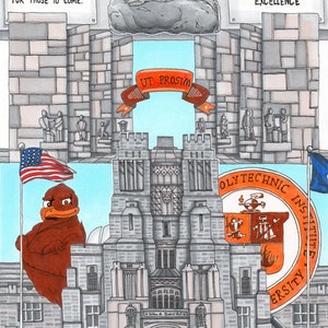 May include: A hand-drawn illustration of Virginia Tech's campus, featuring the iconic 'UT Prosim' motto, the school's seal, and the Hokie Bird mascot. The image also includes a brick wall with the text 'For those who have passed, for those to come.' and 'Reach for excellence.'