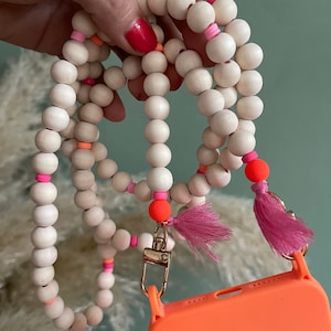 Chaîne de téléphone portable Boho Neon orange rose perles en bois pompons Hippie Bodycross perles en bois or SANS ETUI !