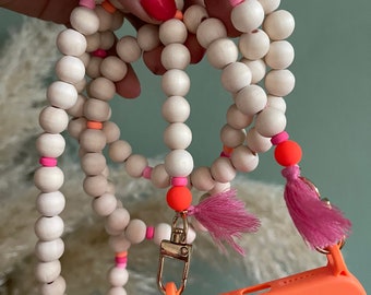Handykette Boho Neon orange pink  Holzperlen Quasten Hippie Bodycross Holzperlen Gold OHNE HÜLLE!