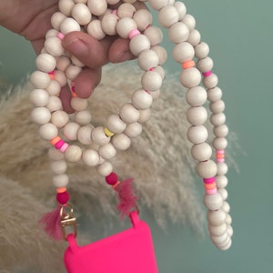 Chaîne de téléphone portable Boho Neon rose perles en bois pompons Hippie Bodycross perles en bois or SANS ETUI !