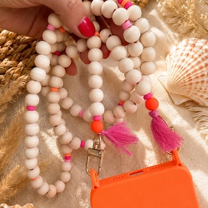 Boho Phone Strap Neon Pink Orange  Beaded Phone Chain with Wooden Beads | Crossbody Handyband Festival Style