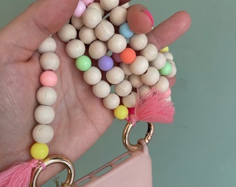 Chaîne de téléphone portable Boho Yoga Perles en bois Glands Hippie Bodycross Perles en bois Or SANS ÉTUI ! Perles en bois, perles acryliques