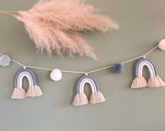 Wandbehang Girlande Regenbögen/Salbei/Wickeltisch Deko/ Babybett Boho Kinderzimmer Deko /Bommel oder makramee Feder/ Herz/ Wimpelkette