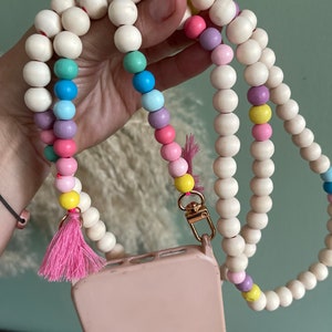 Catena per cellulare con perline di legno, arcobaleno, boho, yoga, nappe, hippie, bodycross, perline di legno, oro SENZA CUSTODIA! perline di legno perline acriliche