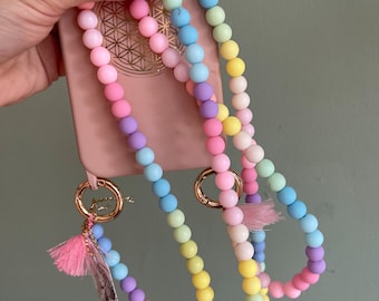 Chaîne de téléphone portable pompons de bonbons pastel boho hippie bodycross perles colorées sans étui ! (hors étui) perles acryliques