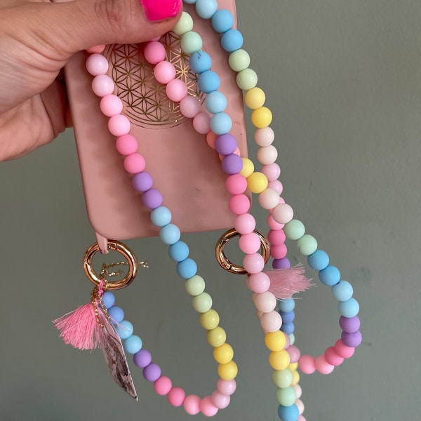 Handykette Pastell Bonbon  Quasten Boho Hippie Bodycross Perlen bunt Ohne Hülle! ( exkl. Hülle) Acrylperlen