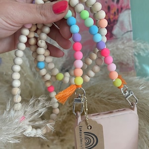 Chaîne de téléphone portable Boho arc-en-ciel yoga perles en bois perles acryliques glands hippie bodycross mousqueton SANS ÉTUI !