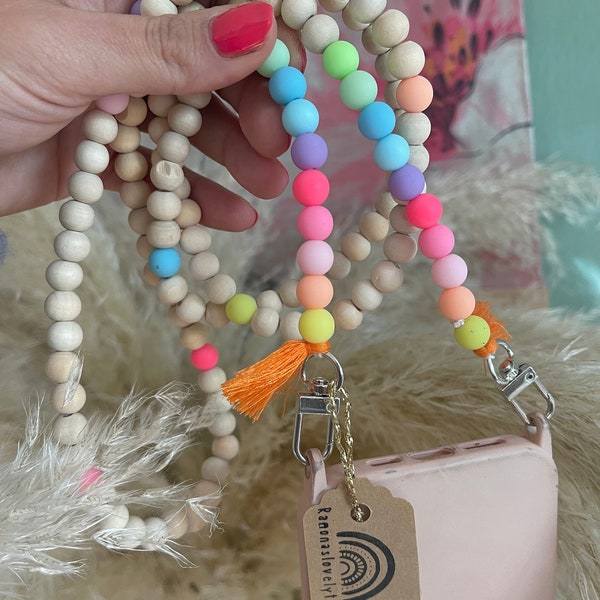 Handykette Boho Regenbogen Yoga Holzperlen Acrylperlen Quasten Hippie Bodycross Karabiner OHNE HÜLLE!