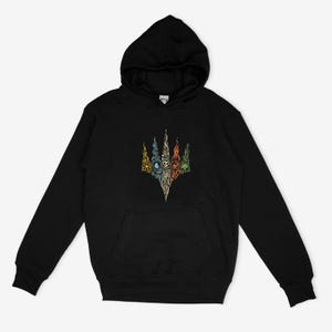 May include: Black hooded sweatshirt with a colorful graphic design on the front. The graphic features a stylized, multi-colored trident or flame-like shape with various symbols. The sweatshirt has a kangaroo pocket and a drawstring hood.