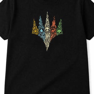 May include: Black t-shirt featuring a colorful graphic design. The design includes stylized symbols representing fire, water, death, earth, and air. The graphic is centered on the shirt and has a vintage aesthetic.