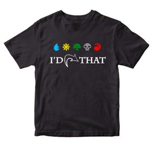 May include: Black t-shirt with a graphic design featuring five colored symbols and the text "I'D THAT" in white. The symbols include a blue water drop, a yellow sun, a green tree, a gray skull, and a red flame.