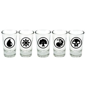 May include: Set of five clear glass shot glasses with black Magic: The Gathering symbols. The symbols are water, fire, earth, air, and skull.
