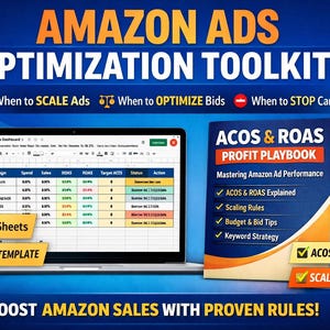 May include: An advertisement for an Amazon Ads Optimization Toolkit. The image features a laptop displaying a spreadsheet, a book titled "ACOS & ROAS Profit Playbook," and the text "Boost Amazon Sales with Proven Rules!"