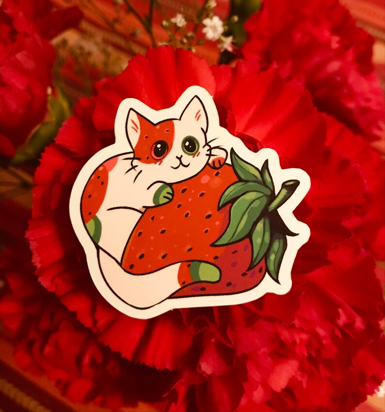Cute Strawberry Cat Sticker - Etsy
