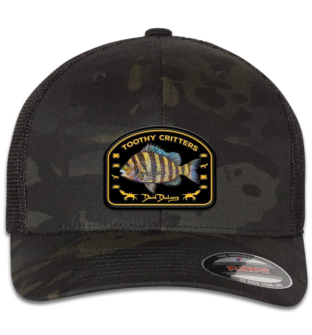 Sheepshead Toothy Critters 6 Panel Trucker Flexfit Mulitcam Camo Black ...