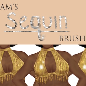 Może przedstawiać: IZAM'S SEQUIN BRUSHES. Trzy ilustracje osoby noszącej złoty top halter z cekinami i frędzlami na dole. Top ma otwór w kształcie dziurki od klucza z przodu.