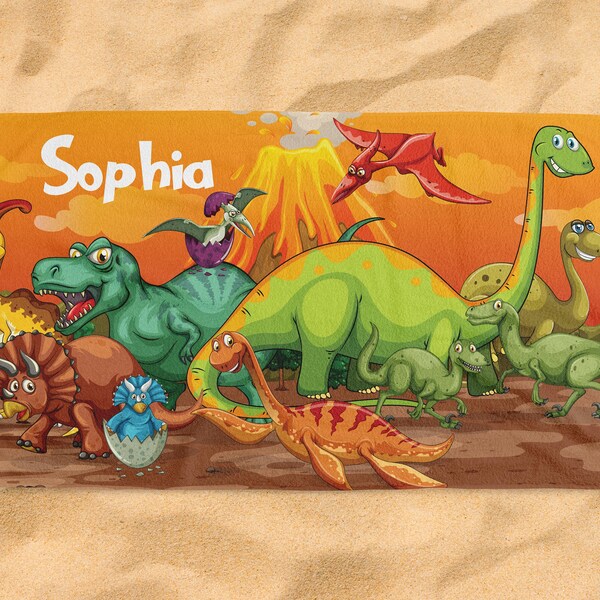 Personalized Dinosaur Dino Kids Beach Towels Girls Boys Custom Name Family Birds Summer Gift