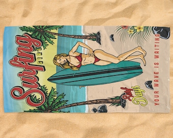 Vintage Surfing Girl Beach Towel Pool Swimming Man Girls Boys Family Drink Gift