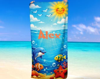 Personalized Kids Beach Towel Custom Name Ocean Towel Cute Underwater Design