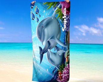 Personalized Kids Beach Towel: Ocean Dolphin Family, Custom Name Gift