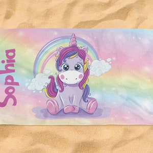 Personalized Kids Beach Towels Pony Unicorn Cartoon Custom Kids Name Family Summer Gift