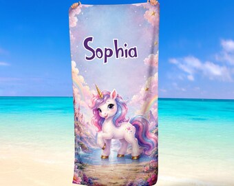 Personalized Kids Beach Towel Custom Name Unicorn Towel