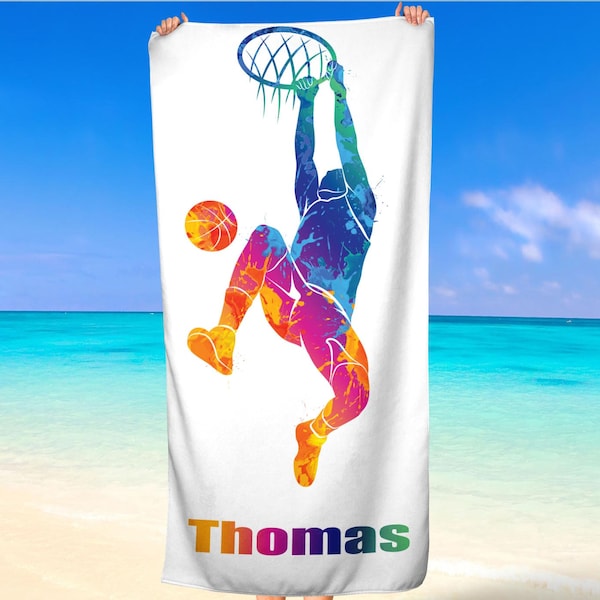 Toallas de playa personalizadas para niños, deporte, baloncesto, nombre personalizado para niños, familia, océano, regalo de verano, toallas de playa para niños y niñas