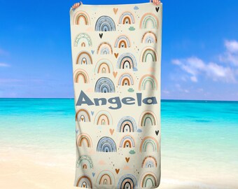 Personalized Kids Beach Towel with Boho Rainbow and Custom Name Summer