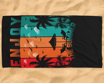 Vintage Hello Enjoy Summer Vacation Surfing Girl Beach Towel Pool Swimming Man Girls Boys Family Drink Gift