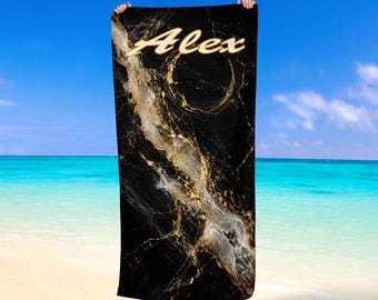 Personalized Black Marble Beach Towel With Custom Name