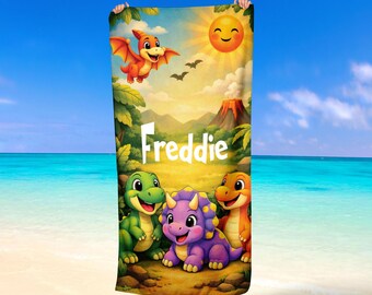 Personalized Kids Beach Towel Custom Name Dinosaur Towel