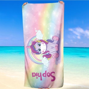 Toallas de playa personalizadas para niños, Pony, Unicornio, Dibujos animados, Nombre personalizado para niños, Regalo de verano familiar