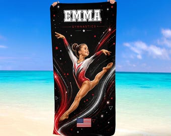 Personalized Gymnastics Beach Towel for Kids Custom Name Gymnast Gift for Girls Microfiber and Cotton Pool Towel