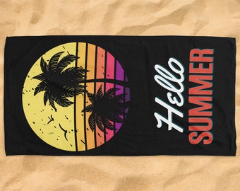 Vintage Hello Summer Vacation Surfing Girl Beach Towel Pool Swimming Man Girls Boys Family Drink Gift