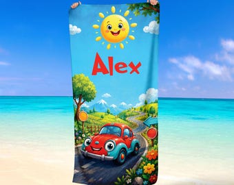 Personalized Car Beach Towel with Name Kids Cartoon Vehicle Pool Towel Custom