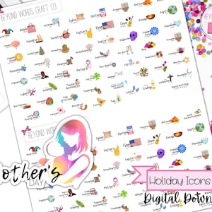 Holiday Icons Set Printable Planner Stickers | Holiday Variety Sticker Sheet | Digital Planner Icons | UPDATED