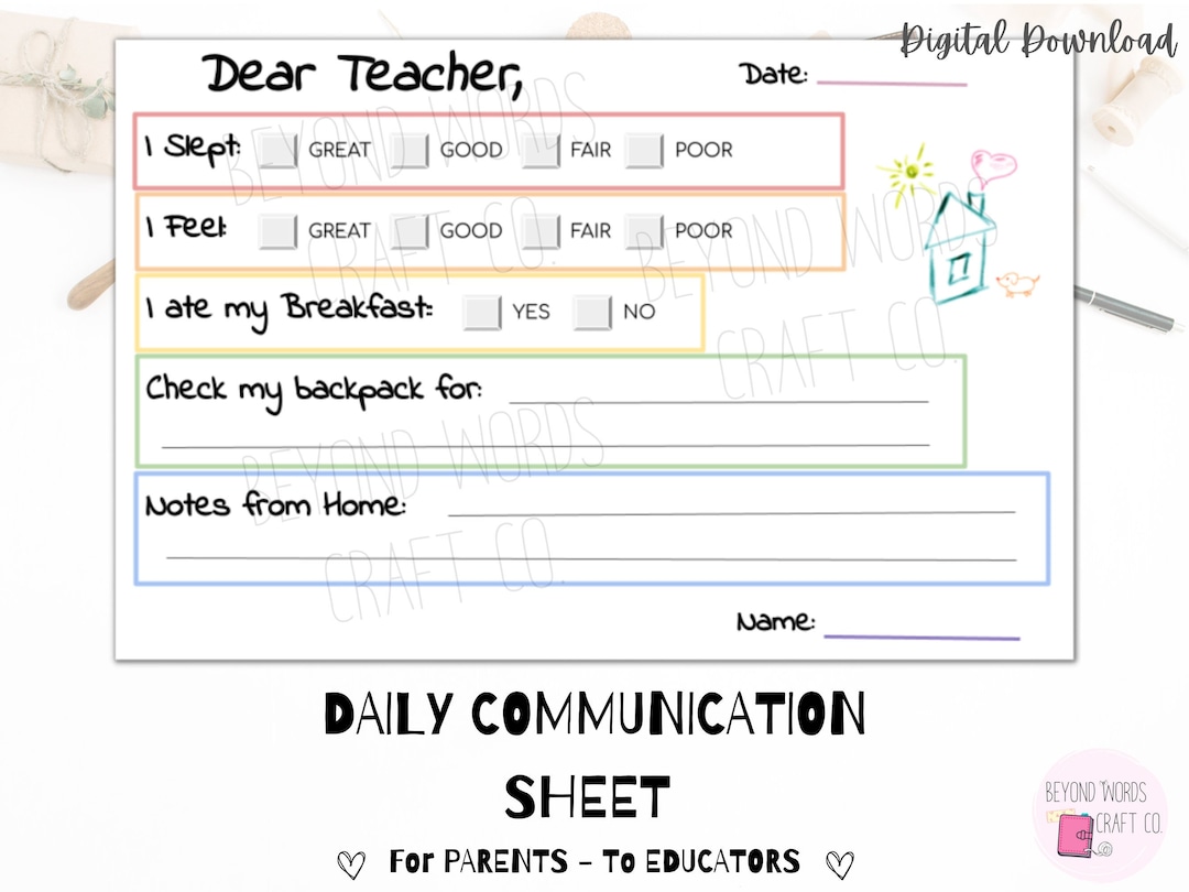 Daily Communication Sheet Printable for Parents and Teachers | Daily ...