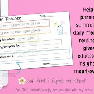 Daily Communication Sheet Printable for Parents and Teachers | Daily ...