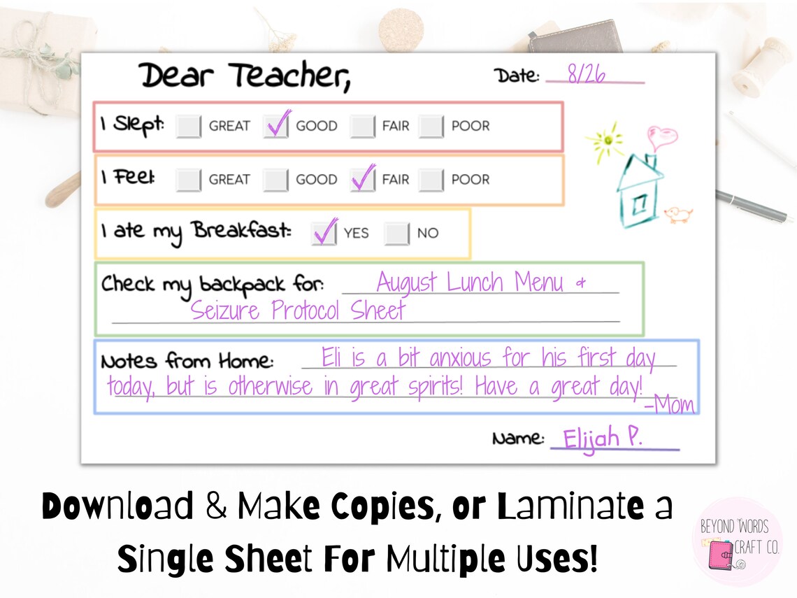 Daily Communication Sheet Printable for Parents and Teachers | Daily ...