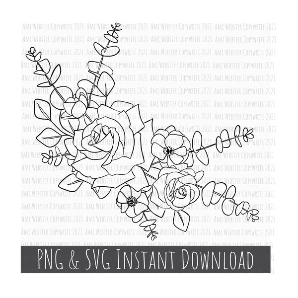 Floral outline SVG corner frame and PNG transparent file - Instant Download - Rose Anemone eucalyptus