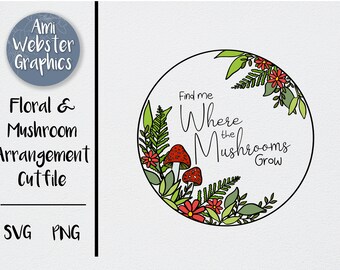 Mushroom SVG - Nature SVG - Woodland SVG - Floral Wreath svg - Floral Outline - Mushroom Wreath - Woodland Wreath - Cricut svg