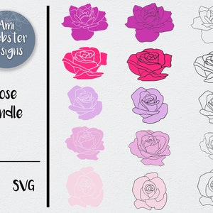 May include: A set of 12 rose illustrations in various colors, including pink, purple, and red. The roses are in outline and filled-in styles. The text "Rose Bundle" and "Ami Webster Designs" is included in the image.